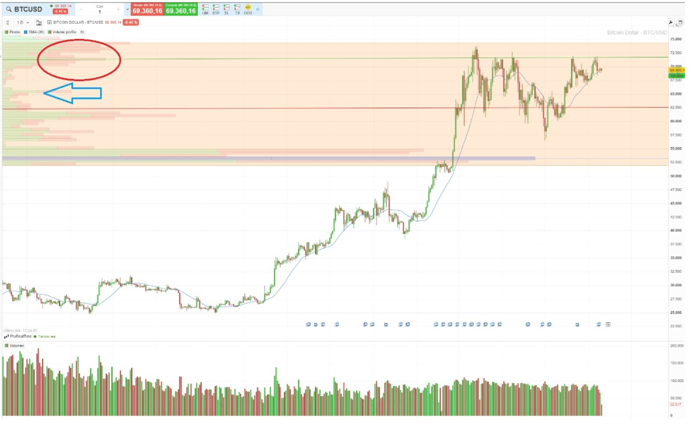 Exemple de profil de volume appliqué à la paire BTCUSD
