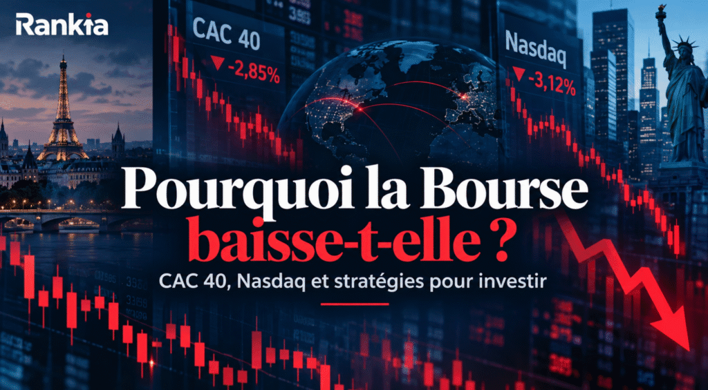 Pourquoi la Bourse baisse-t-elle ? Illustration de la chute du CAC 40 et du Nasdaq avec des graphiques boursiers rouges et le logo Rankia.