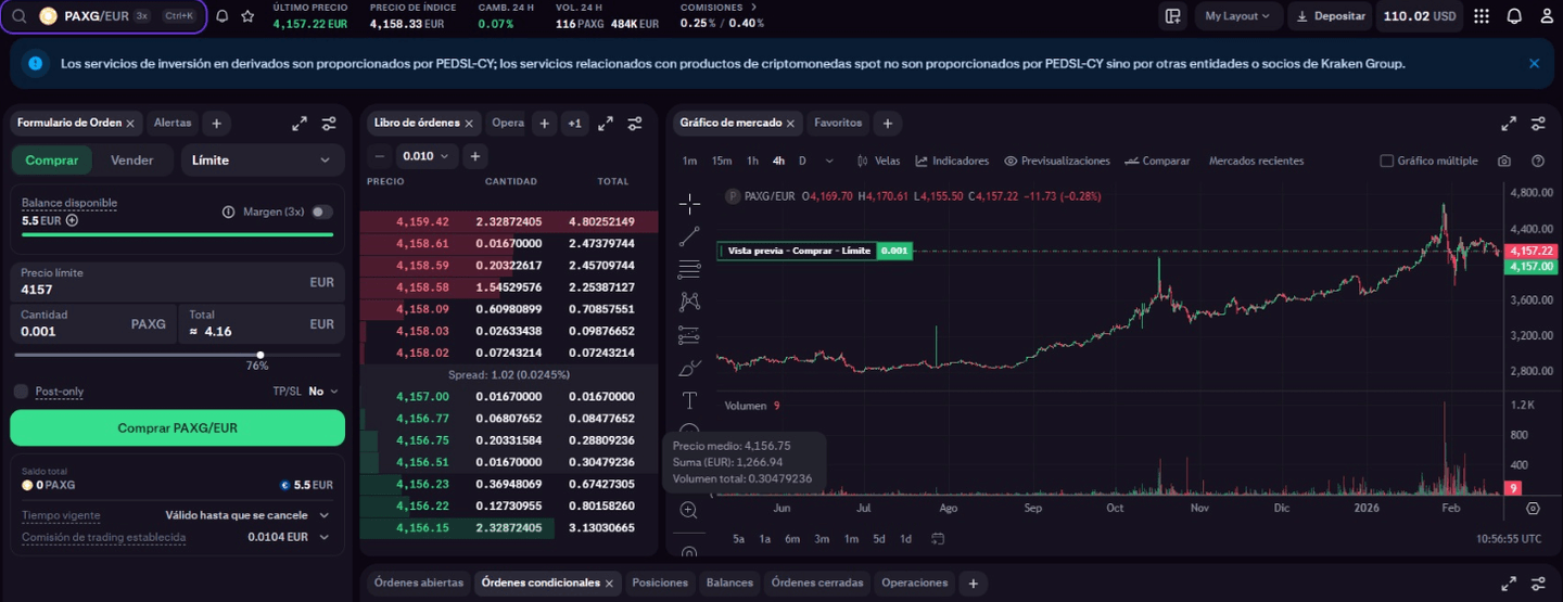 Paire de trading PAXG/EUR sur Kraken Pro
