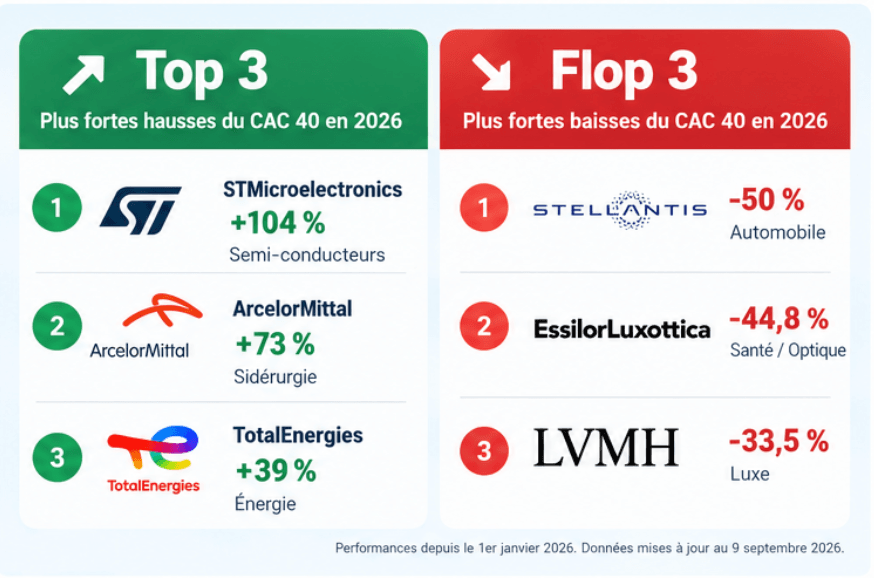 Top 3 des hausses et baisses du CAC 40 en 2026