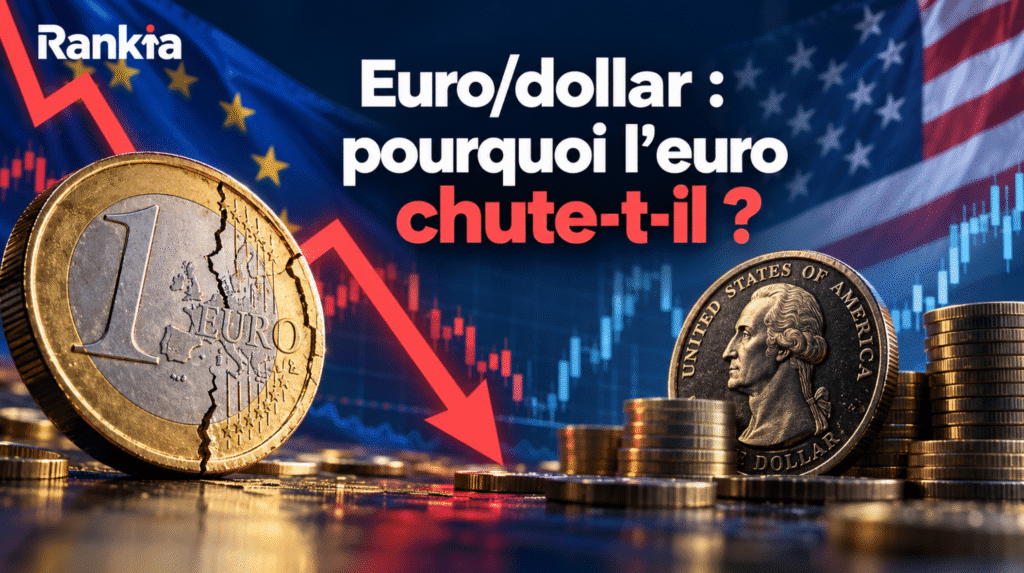 Illustration de la baisse de l’euro face au dollar avec un euro en recul, un dollar américain renforcé et les drapeaux de l’Union européenne et des États-Unis