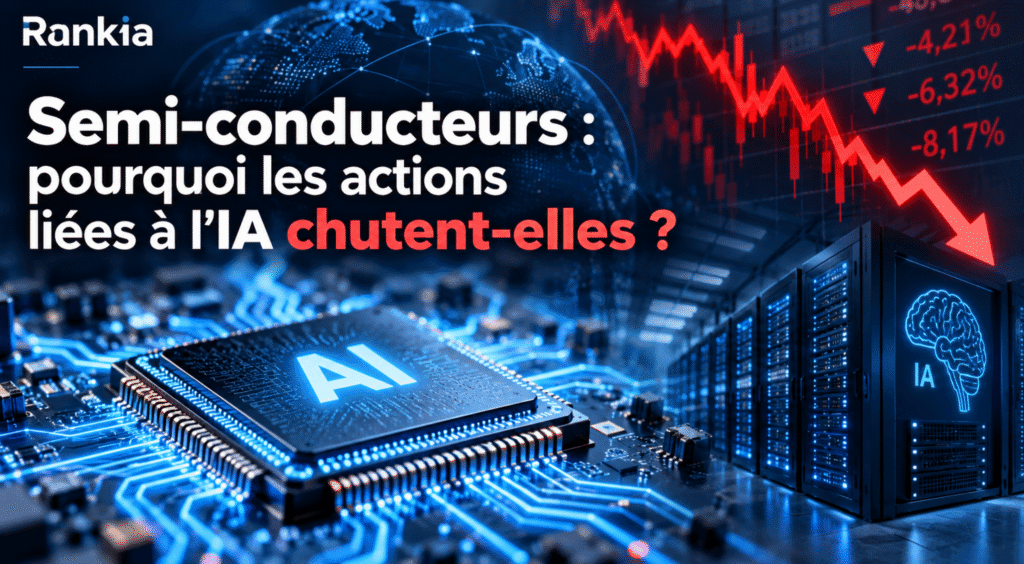 Illustration d'une puce d'intelligence artificielle et d'un graphique boursier en baisse représentant la correction des actions des semi-conducteurs.