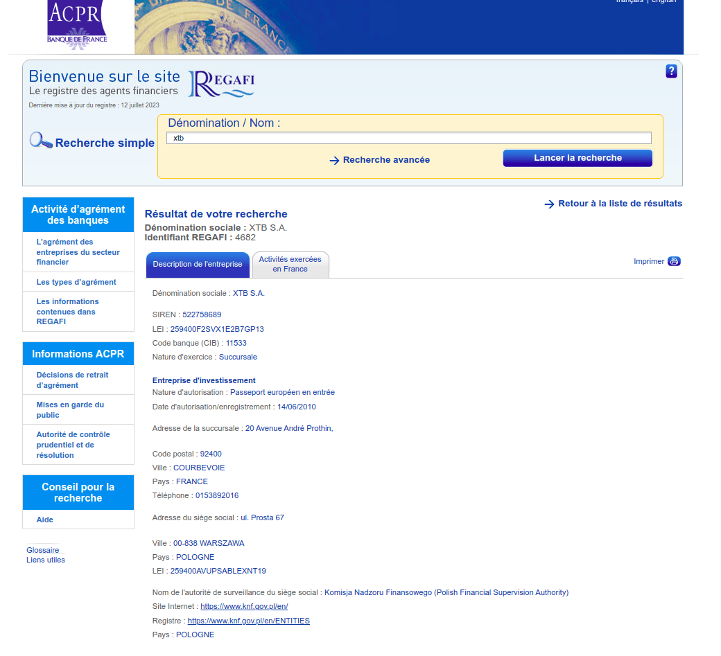 Enregistrement XTB auprès de l'ACPR France - succursale Paris
