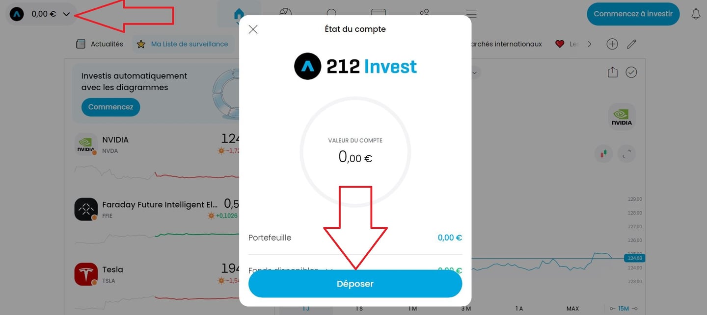3. Cliquer sur Déposer - Acheter des actions Airbus avec Trading 212