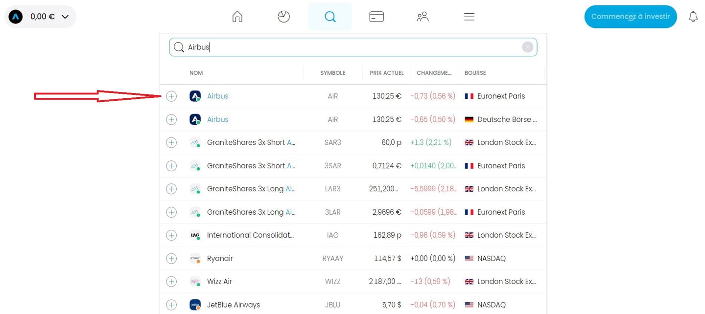 4. Rechercher l'action Airbus - Acheter des actions Airbus avec Trading 212