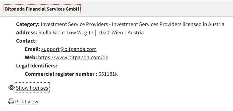 Numéro de licence Bitpanda auprès du régulateur autrichien FMA