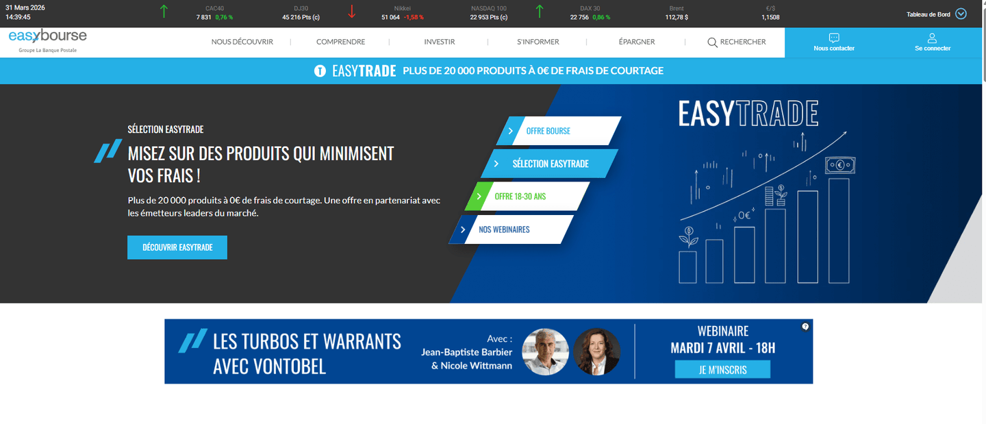 Page d’accueil EasyBourse, avec accès à l’offre de courtage et à l’univers d’investissement.