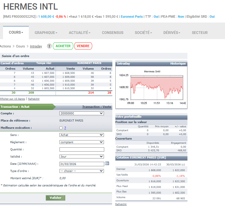 Exemple d’écran de passage d’ordre pour acheter des actions Hermès via EasyBourse