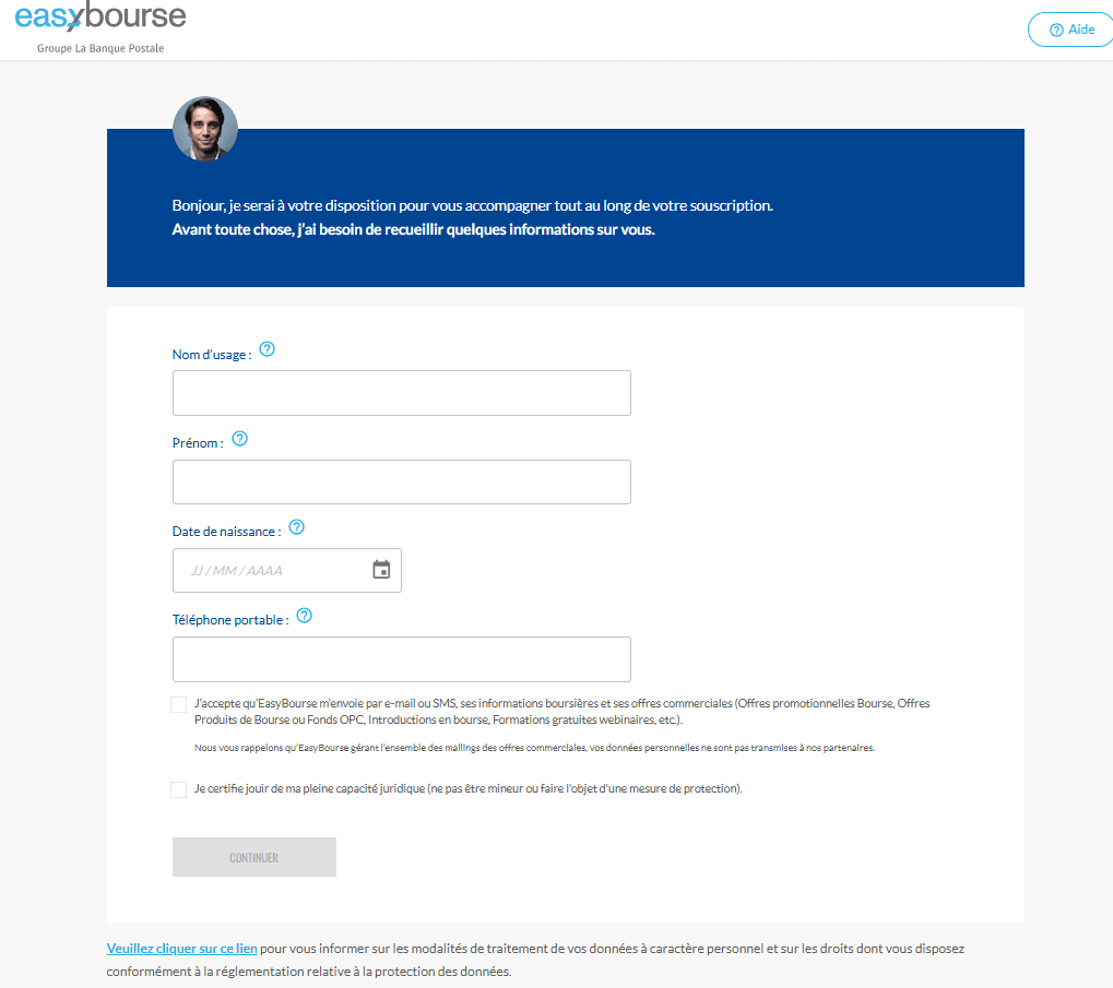 Formulaire de souscription avec saisie des informations personnelles.