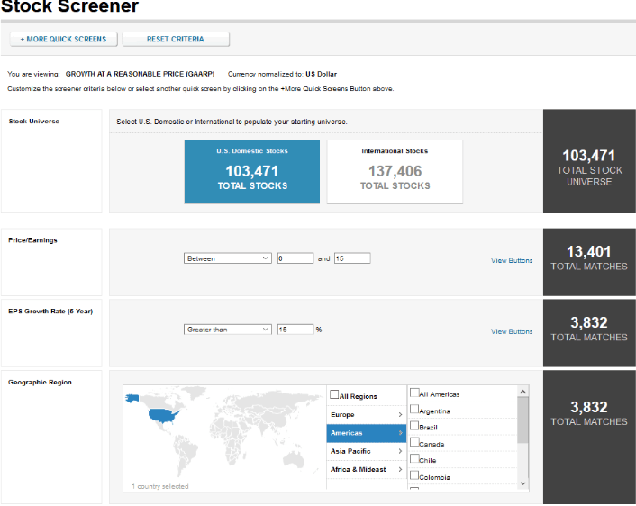 Exemple du stockscreener bourse Reuters