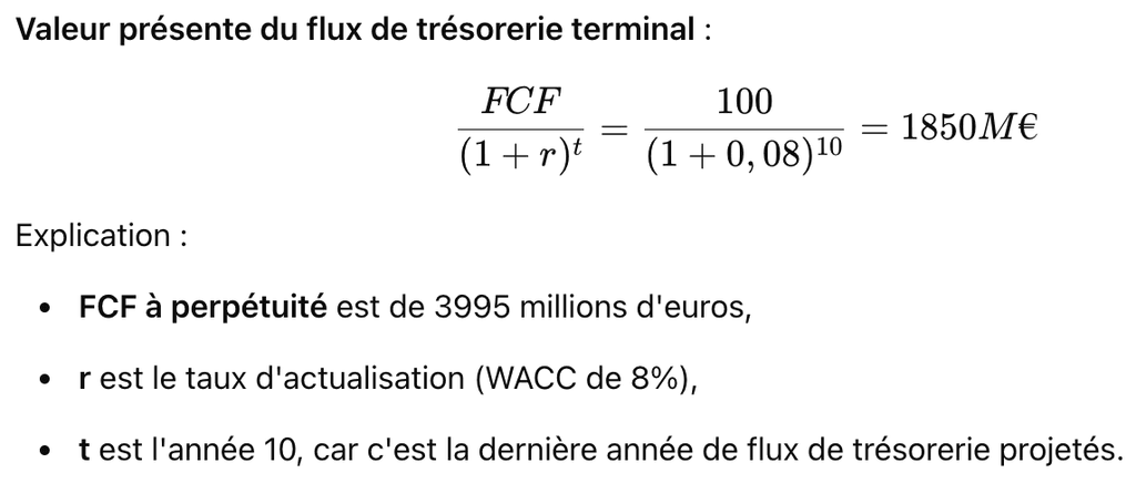 Formule valeur actuelle flux de trésorerie terminal - DFC