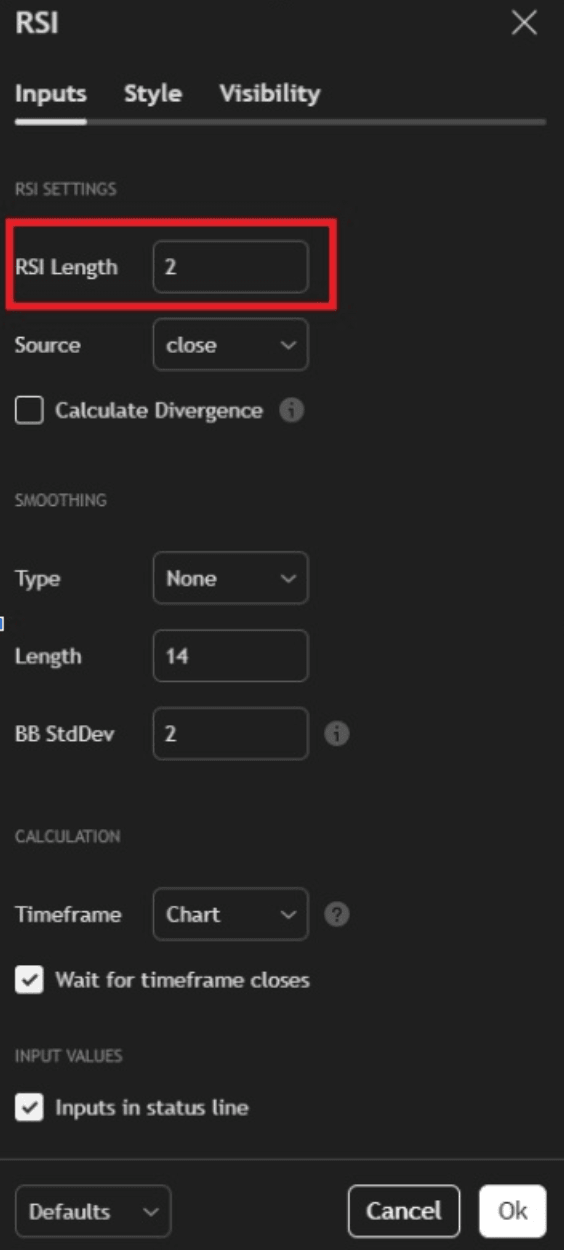 Définition de la longueur pour établir le système RSI2 dans Tradingview