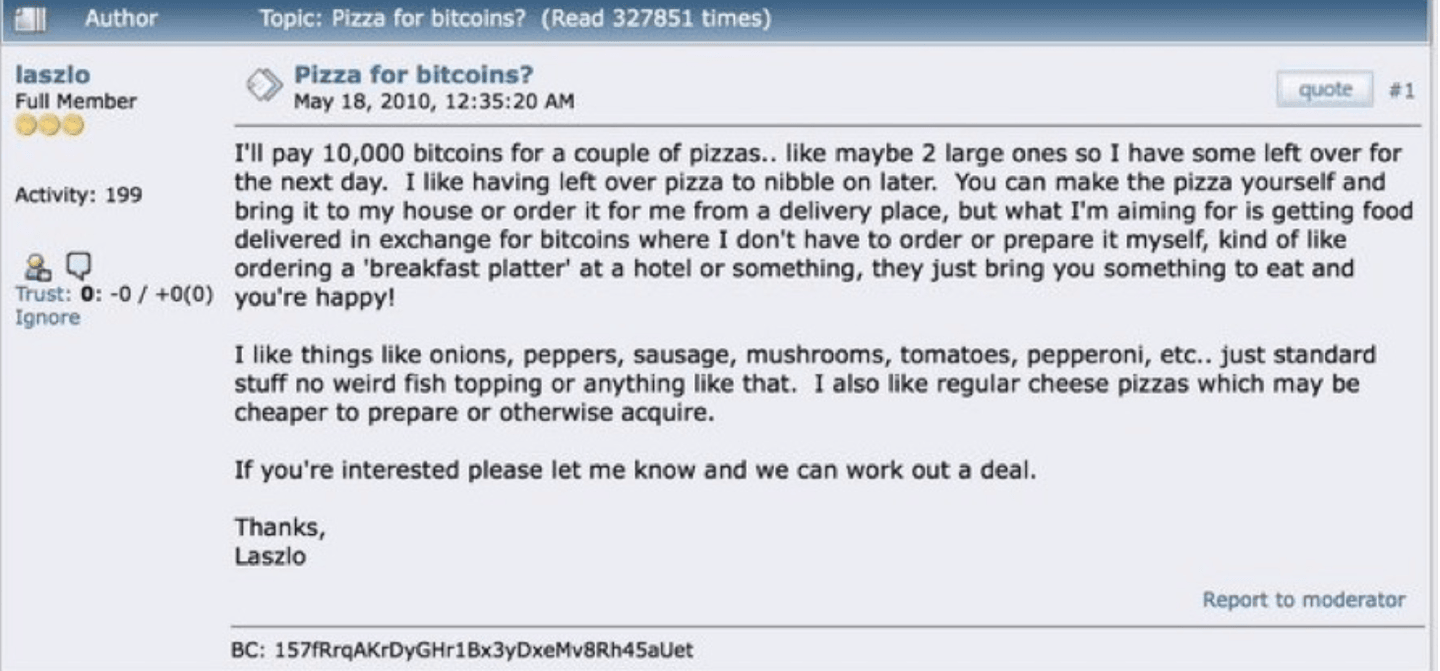 Post original de Laszlo Hanyecz sur le forum BitcoinTalk, proposant 10 000 bitcoins en échange de deux pizzas