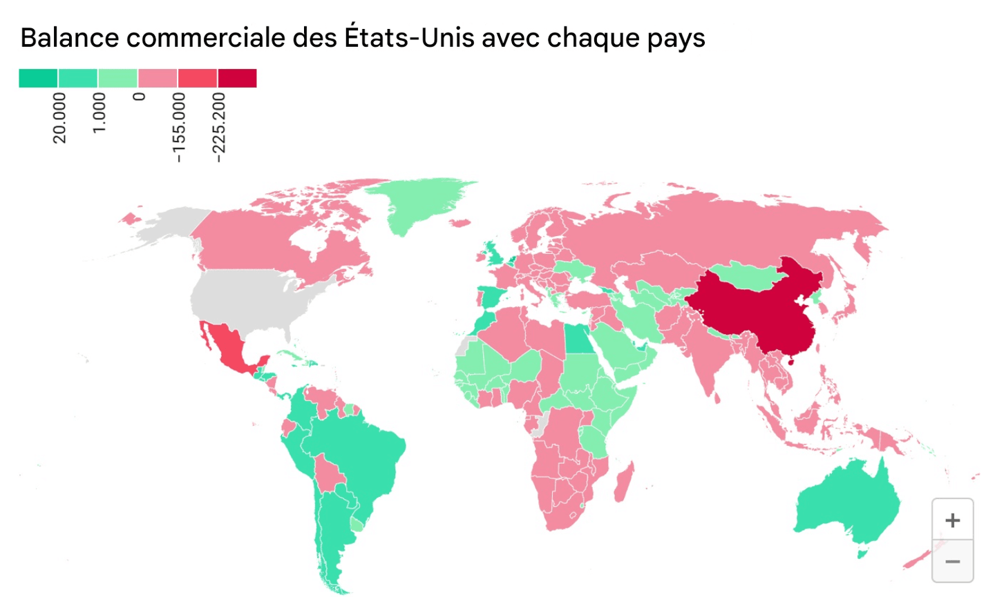 Carte de la balance commerciale des États-Unis avec chaque pays – déficit majeur avec la Chine