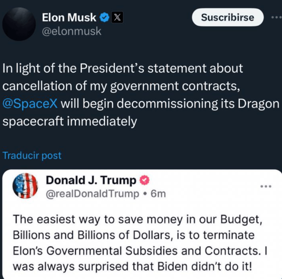 Tweet montrant la guerre croisée entre Trump et Musk