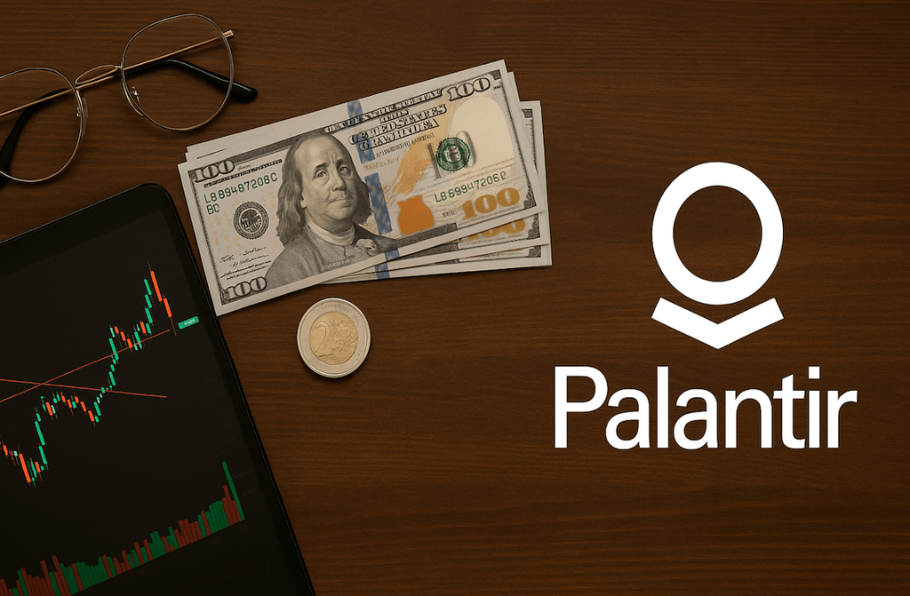 Logo Palantir avec graphique boursier et billets – investir dans l’action Palantir en bourse