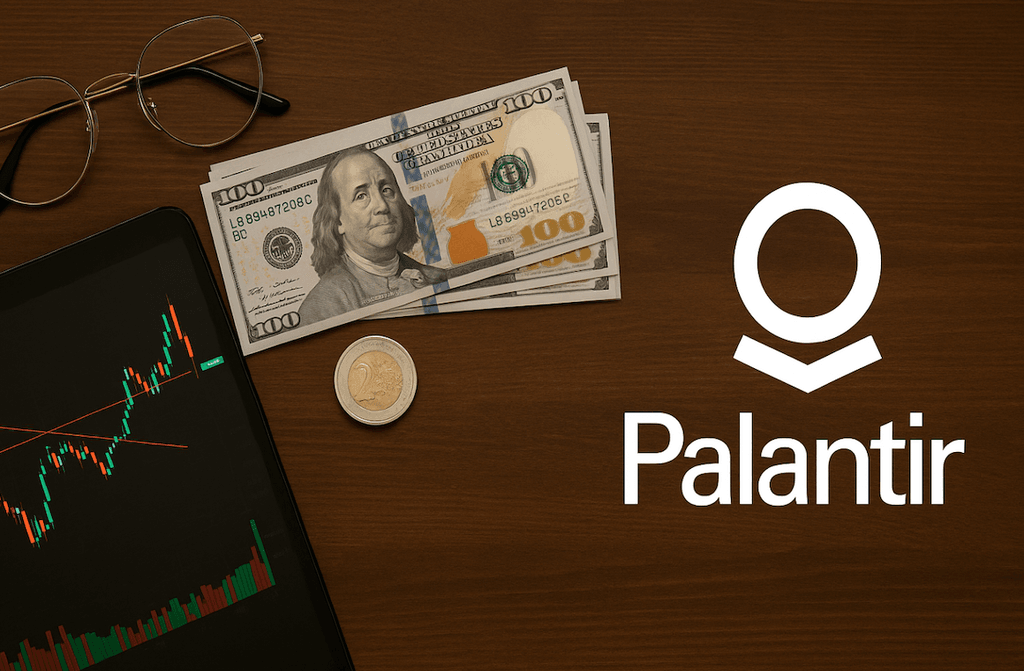Logo Palantir avec graphique boursier et billets – investir dans l’action Palantir en bourse