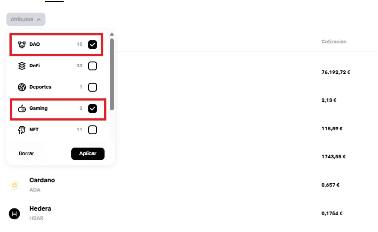 Filtrage des cryptomonnaies par thème sur Trade Republic