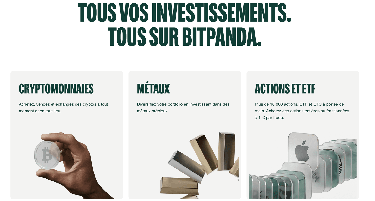 Sur Bitpanda, vous pouvez investir dans les cryptomonnaies, les actions et les ETF.