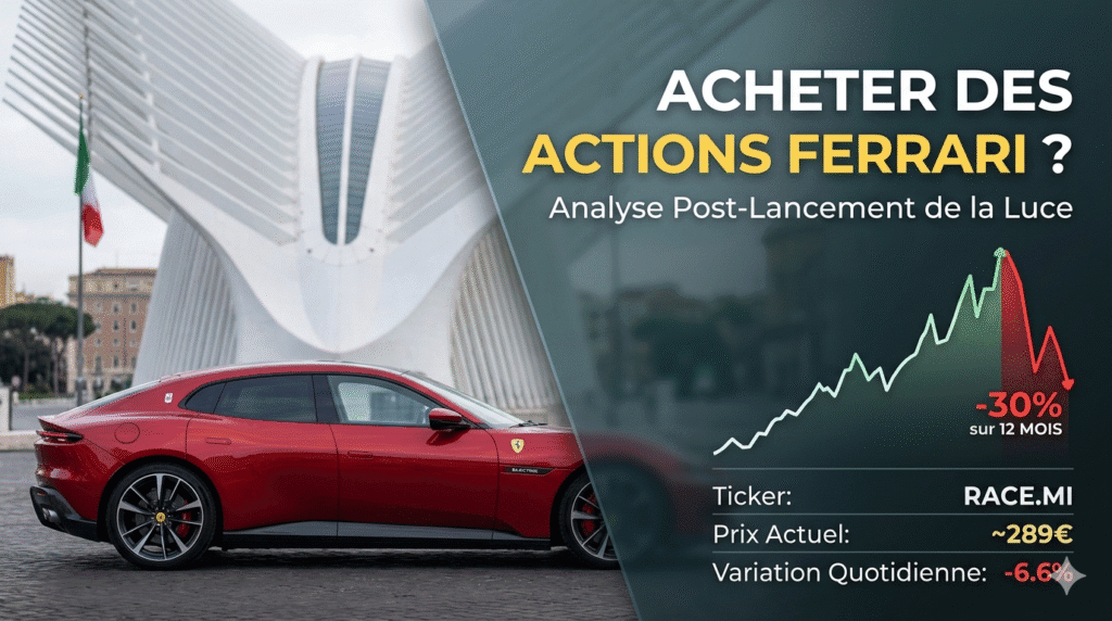 Guide financier sur comment acheter des actions Ferrari (RACE.MI). À gauche, une berline électrique rouge type Ferrari Luce devant la Vela di Calatrava à Rome. À droite, un graphique boursier affichant une chute de -30% sur 12 mois, le prix actuel à 289€ et une baisse quotidienne de -6,6%.