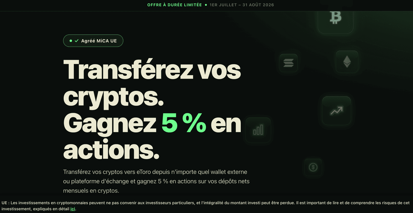 Promotion eToro : jusqu’à 5 % de bonus pour vos transferts de cryptomonnaies