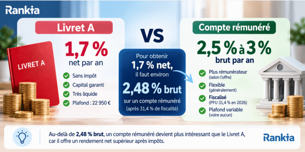 Alt : Livret A vs compte rémunéré en 2026 : comparaison des taux nets et bruts