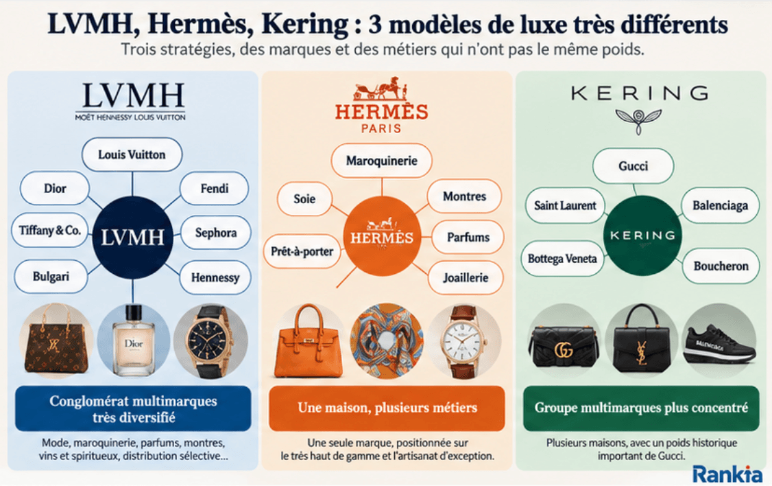 Marques de LVMH Hermès et Kering et différences entre leurs modèles