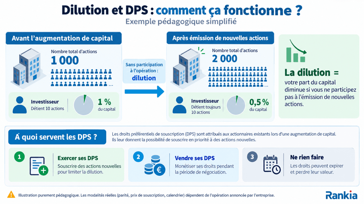 Infographie pédagogique sur la dilution des actionnaires et le fonctionnement des droits préférentiels de souscription (DPS) lors d’une augmentation de capital