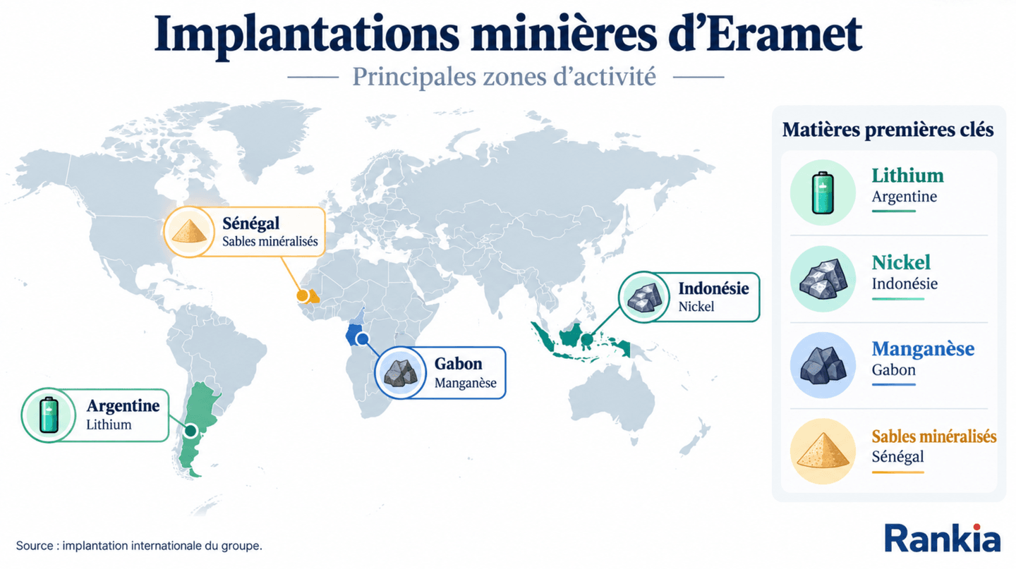 Carte des principales implantations minières d’Eramet dans le monde : lithium en Argentine, nickel en Indonésie, manganèse au Gabon et sables minéralisés au Sénégal